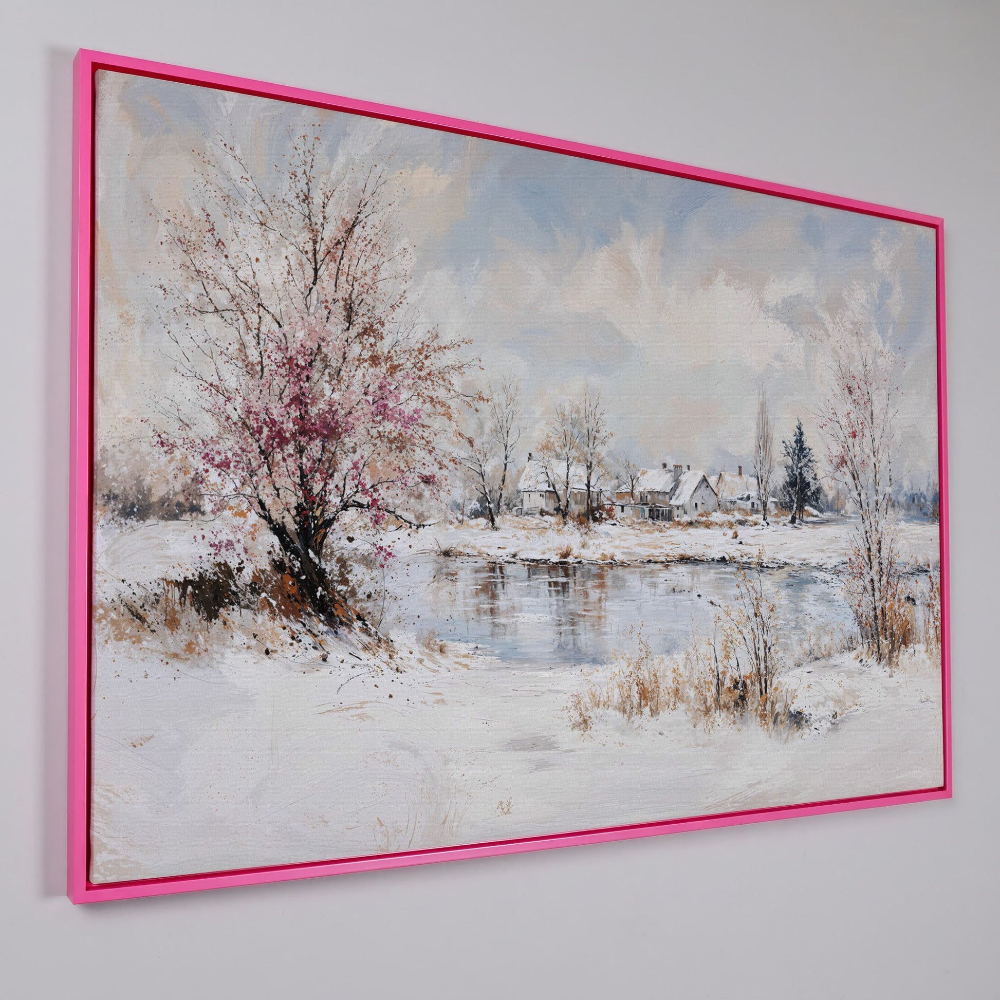 Winter Village by the Lake Canvas in pink floating frame