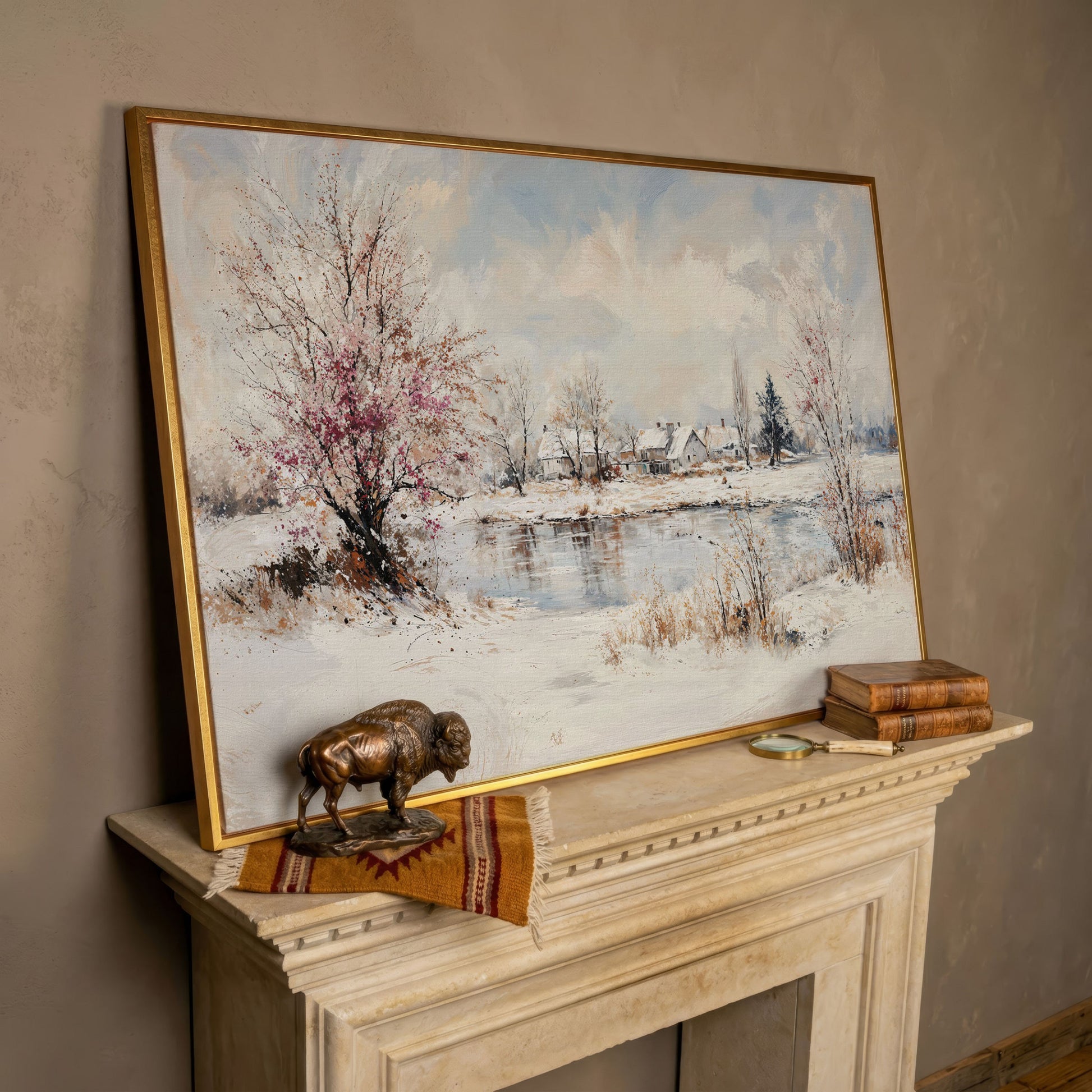 Winter Village by the Lake Canvas in rose gold floating frame