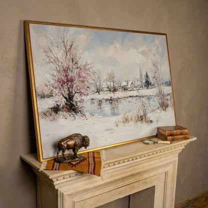 Winter Village by the Lake Canvas in rose gold floating frame