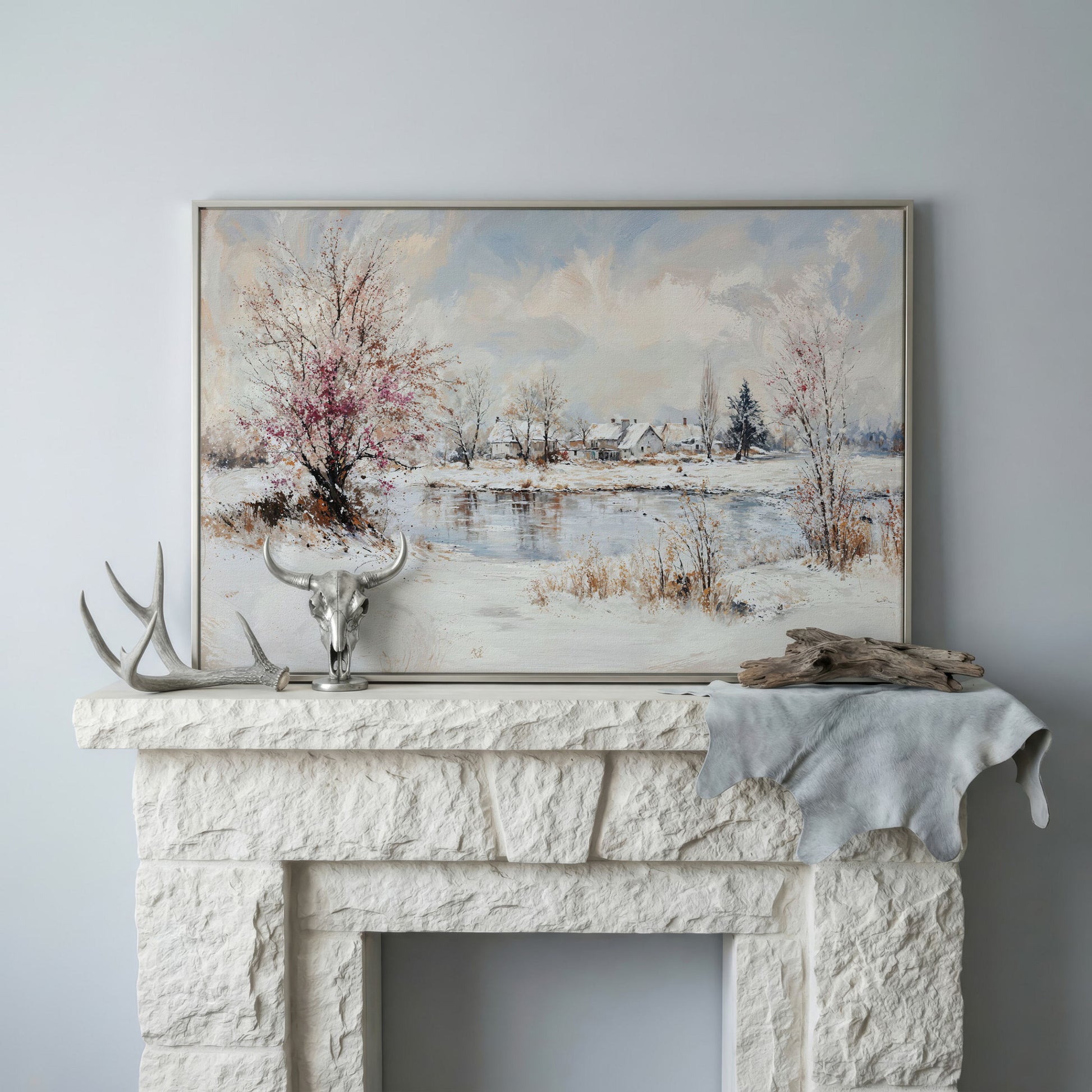 Winter Village by the Lake Canvas in silver floating frame