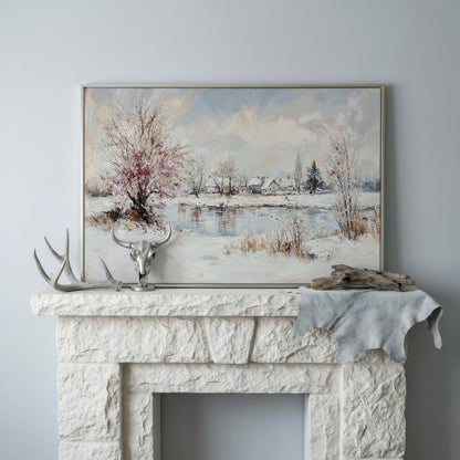 Winter Village by the Lake Canvas in silver floating frame