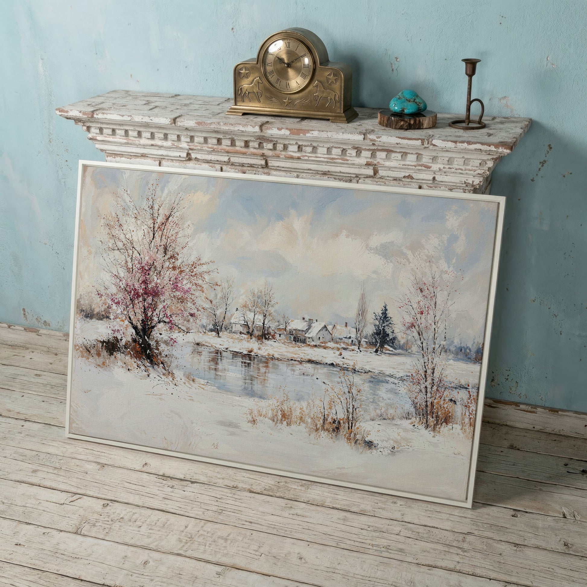 Winter Village by the Lake Canvas in white floating frame