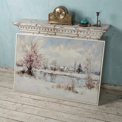 Winter Village by the Lake Canvas in white floating frame