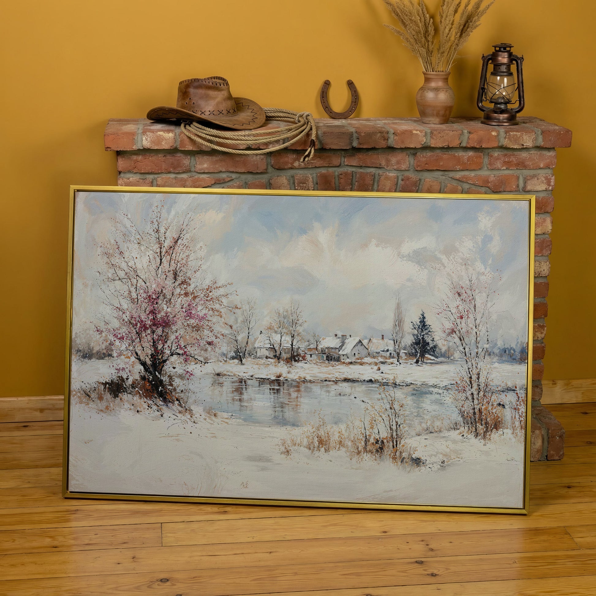 Winter Village by the Lake Canvas in yellow gold floating frame