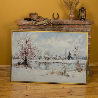 Winter Village by the Lake Canvas in yellow gold floating frame