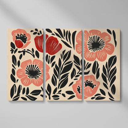 Abstract Poppy Floral Canvas Art, Bold Botanical Wall Piece as 3-panel split version