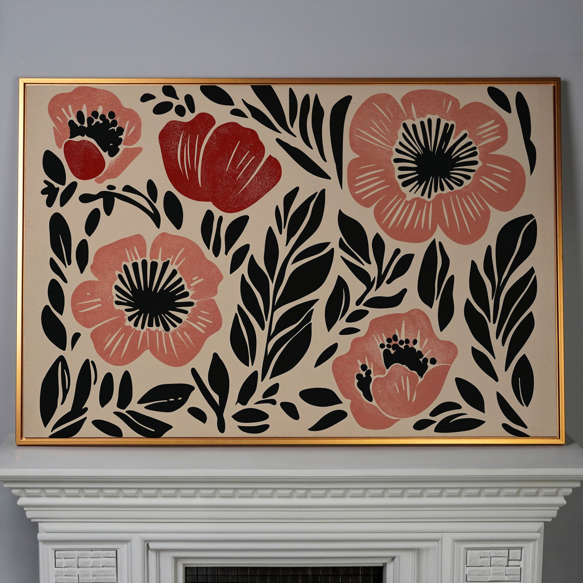 Abstract Poppy Floral Canvas Art, Bold Botanical Wall Piece in antique gold floating frame