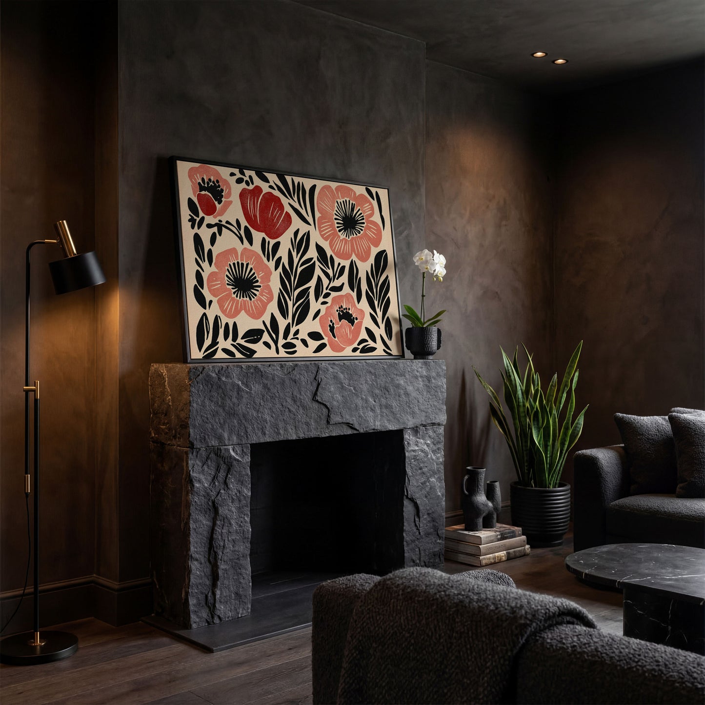 Abstract Poppy Floral Canvas Art, Bold Botanical Wall Piece in black floating frame
