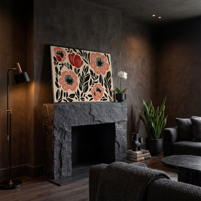 Abstract Poppy Floral Canvas Art, Bold Botanical Wall Piece in black floating frame