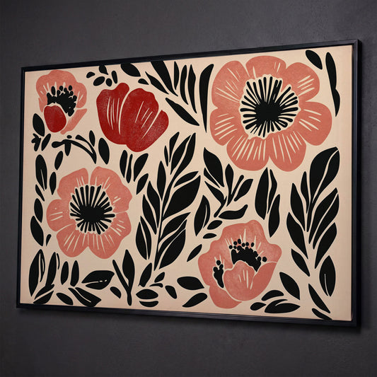 Abstract Poppy Floral Canvas Art, Bold Botanical Wall Piece shown in black floating frame