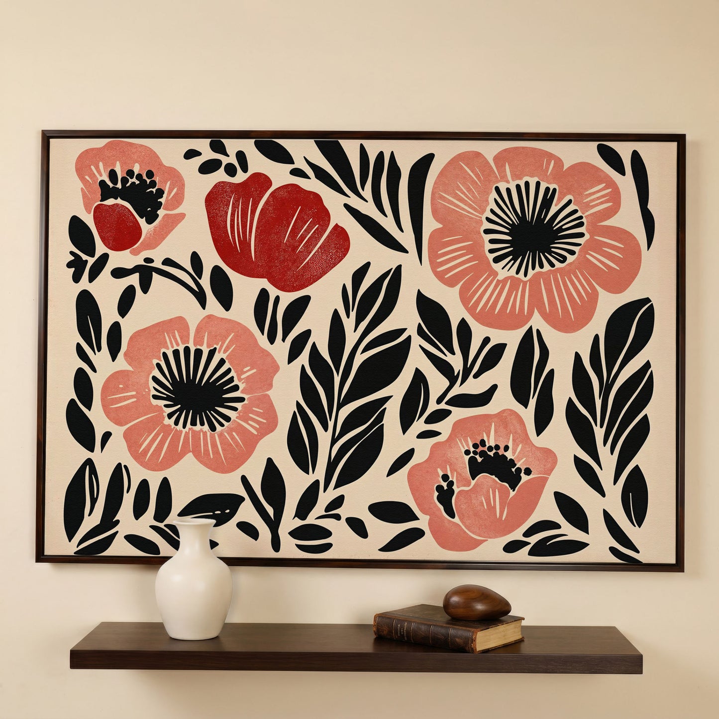 Abstract Poppy Floral Canvas Art, Bold Botanical Wall Piece in dark walnut floating frame