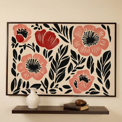 Abstract Poppy Floral Canvas Art, Bold Botanical Wall Piece in dark walnut floating frame