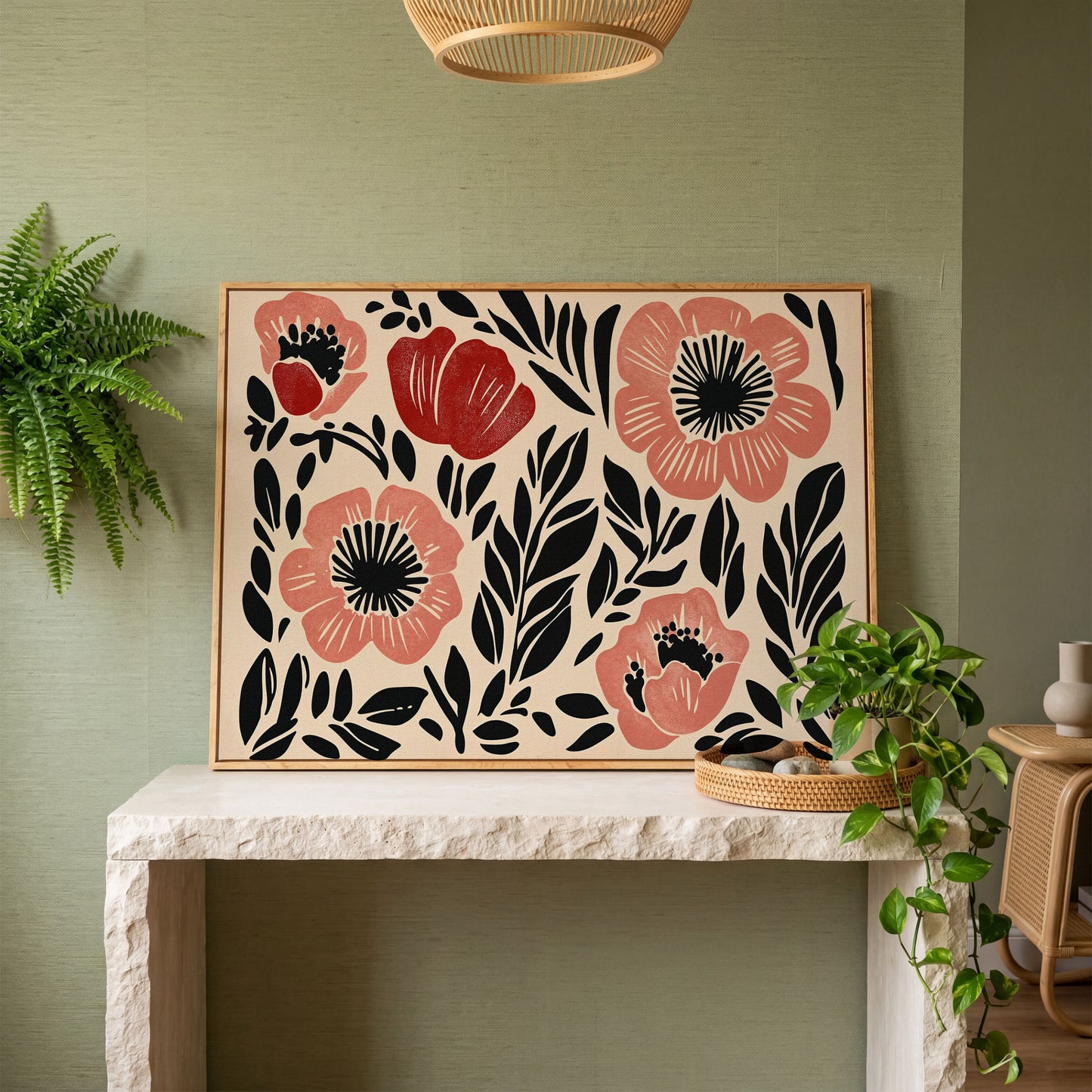 Abstract Poppy Floral Canvas Art, Bold Botanical Wall Piece in white oak floating frame