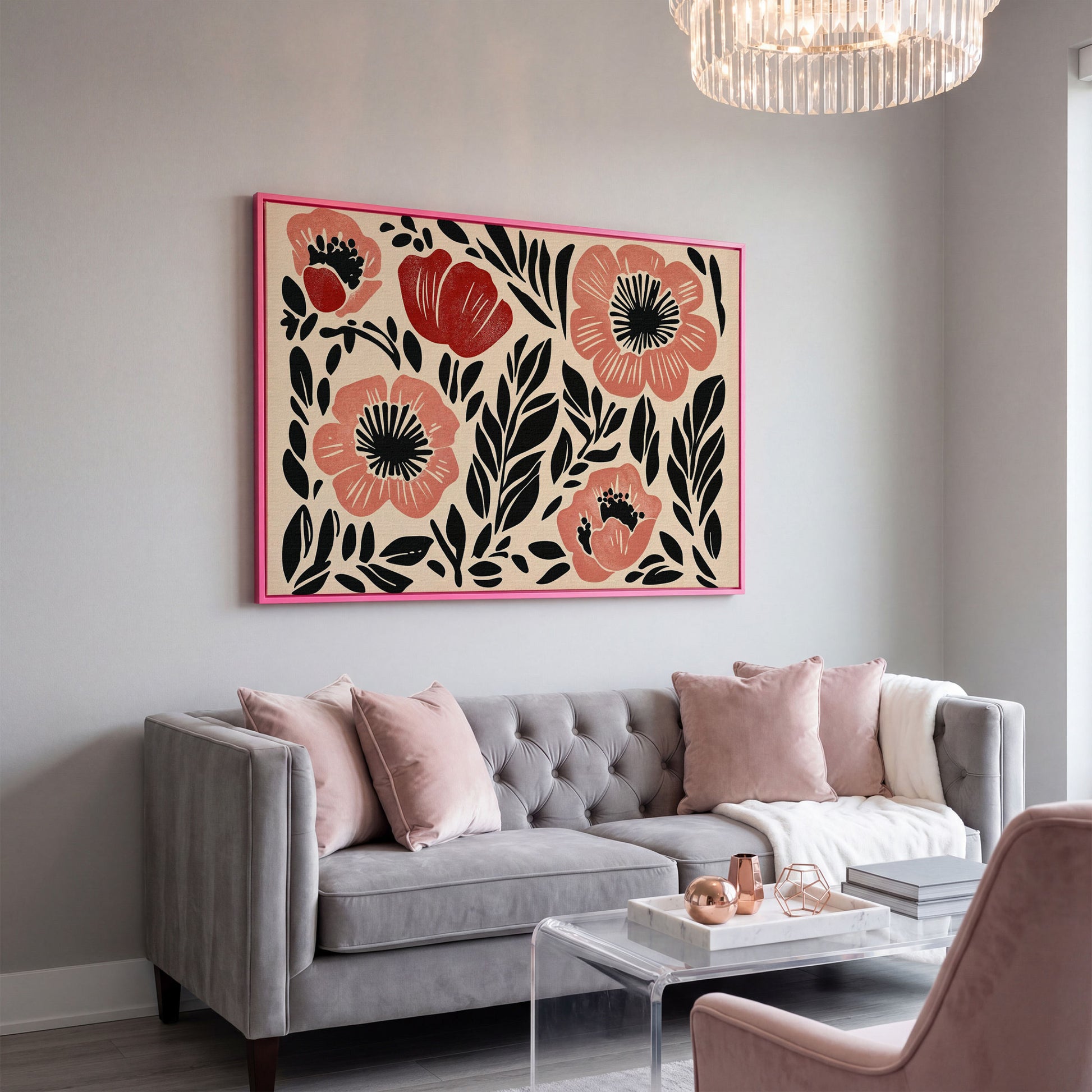 Abstract Poppy Floral Canvas Art, Bold Botanical Wall Piece in pink floating frame