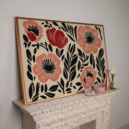 Abstract Poppy Floral Canvas Art, Bold Botanical Wall Piece in rose gold floating frame