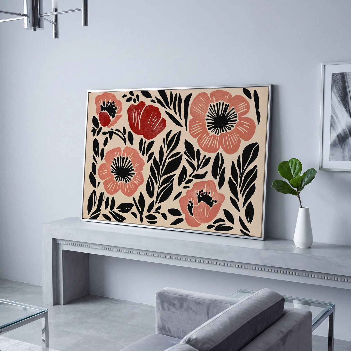 Abstract Poppy Floral Canvas Art, Bold Botanical Wall Piece in silver floating frame