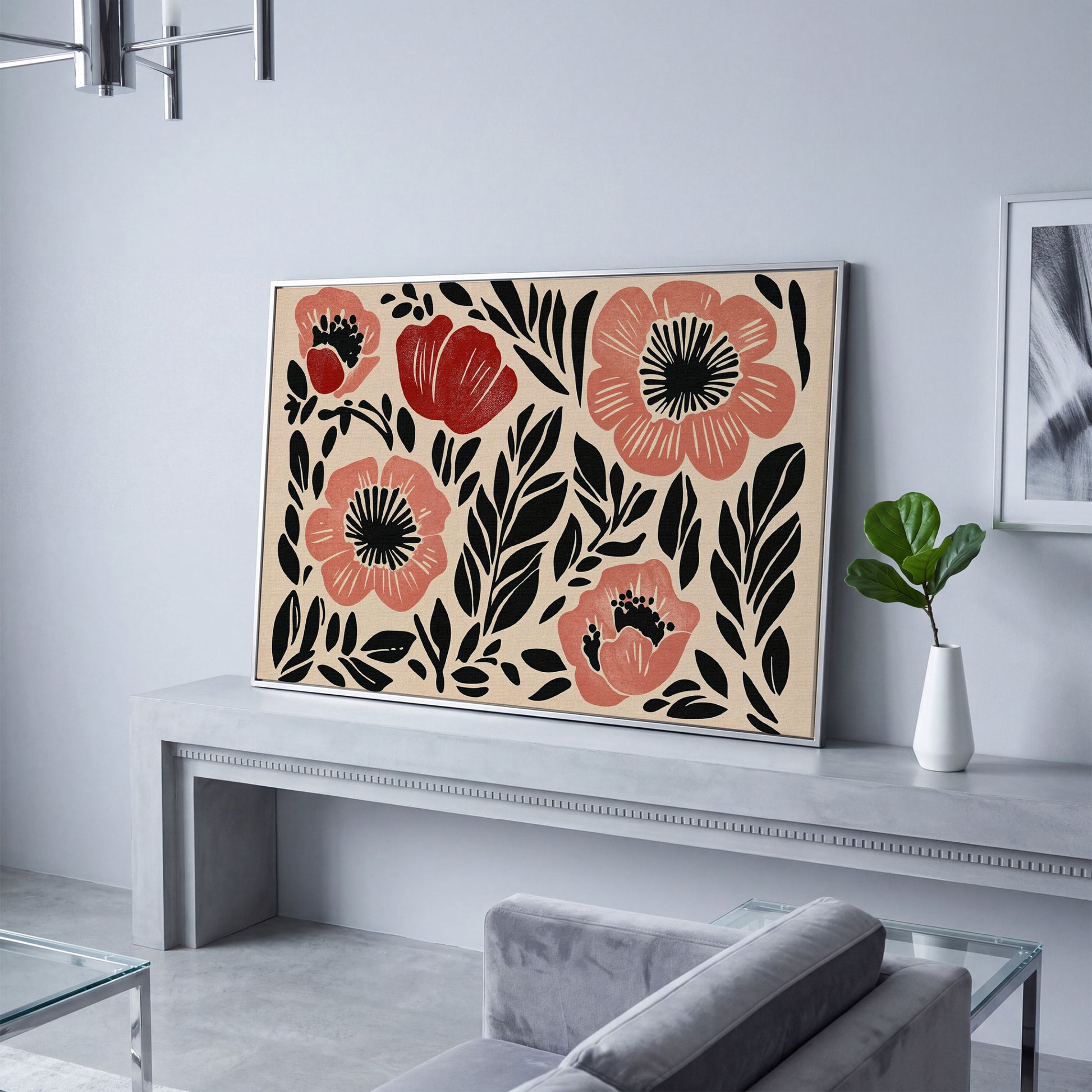 Abstract Poppy Floral Canvas Art, Bold Botanical Wall Piece in silver floating frame