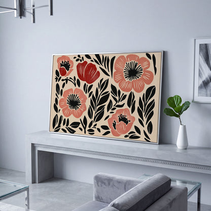 Abstract Poppy Floral Canvas Art, Bold Botanical Wall Piece in silver floating frame