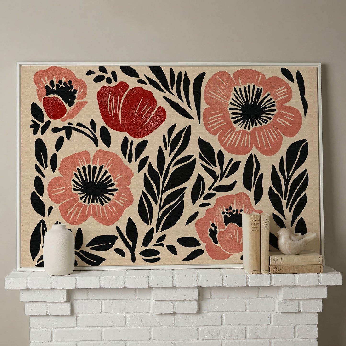 Abstract Poppy Floral Canvas Art, Bold Botanical Wall Piece in white floating frame
