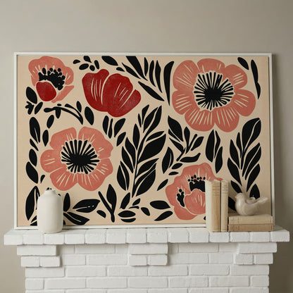 Abstract Poppy Floral Canvas Art, Bold Botanical Wall Piece in white floating frame