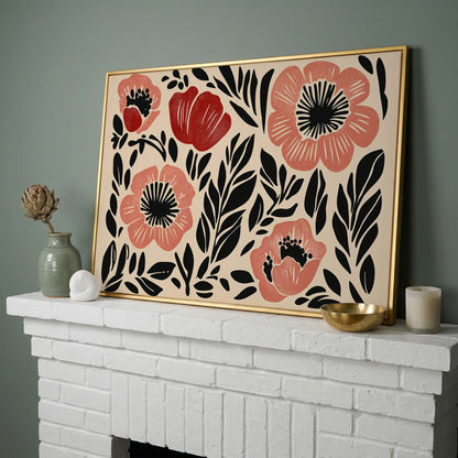 Abstract Poppy Floral Canvas Art, Bold Botanical Wall Piece in yellow gold floating frame