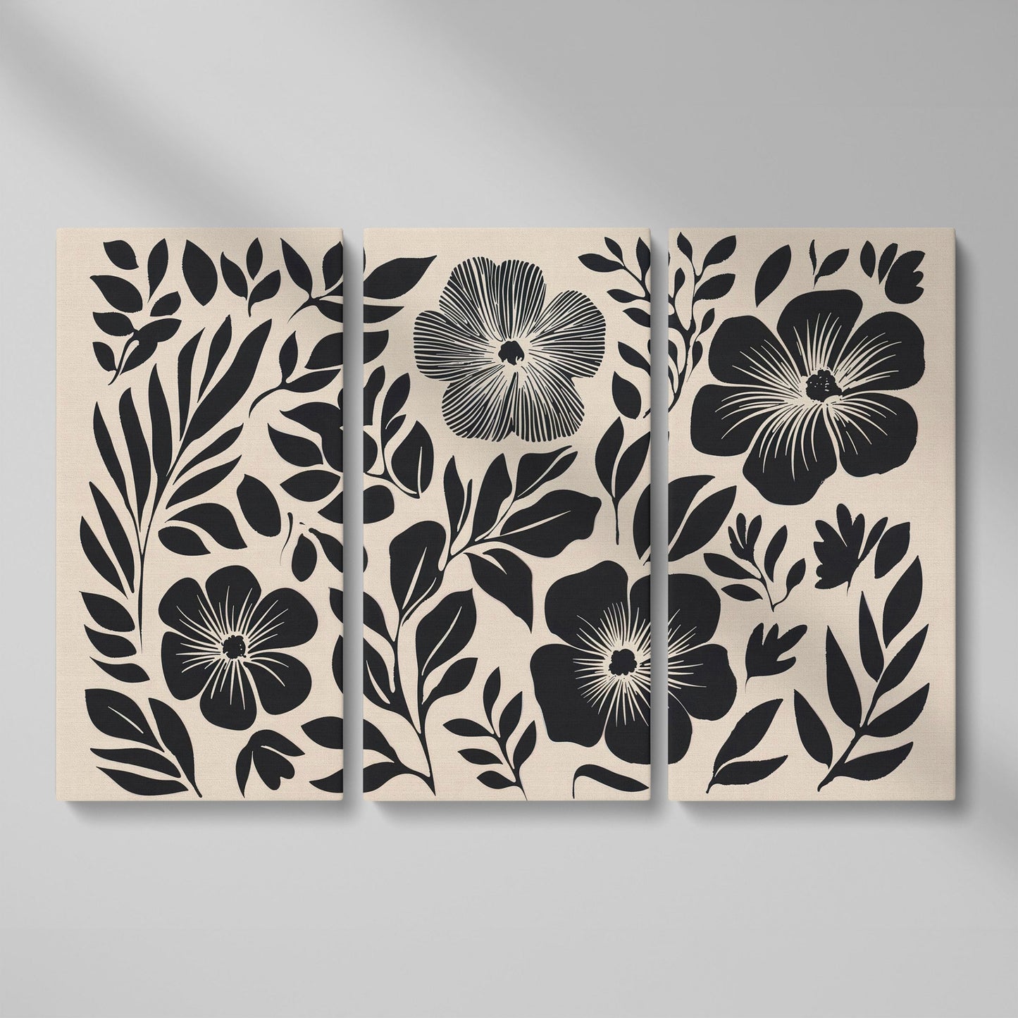 Black and White Floral Canvas Art, Botanical Still Life Print as 3-panel split version