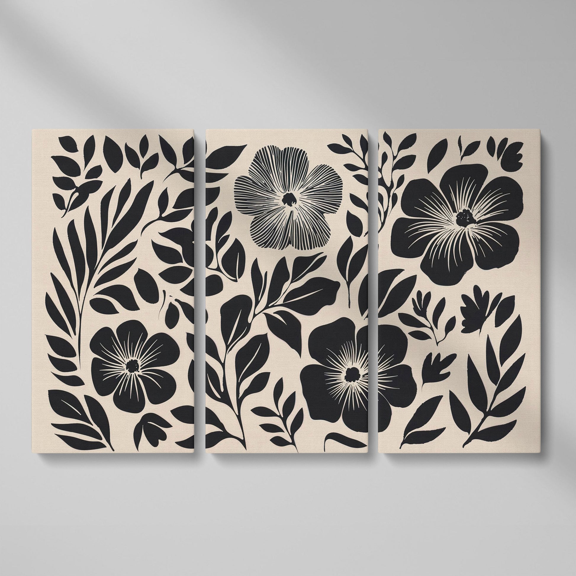 Black and White Floral Canvas Art, Botanical Still Life Print as 3-panel split version