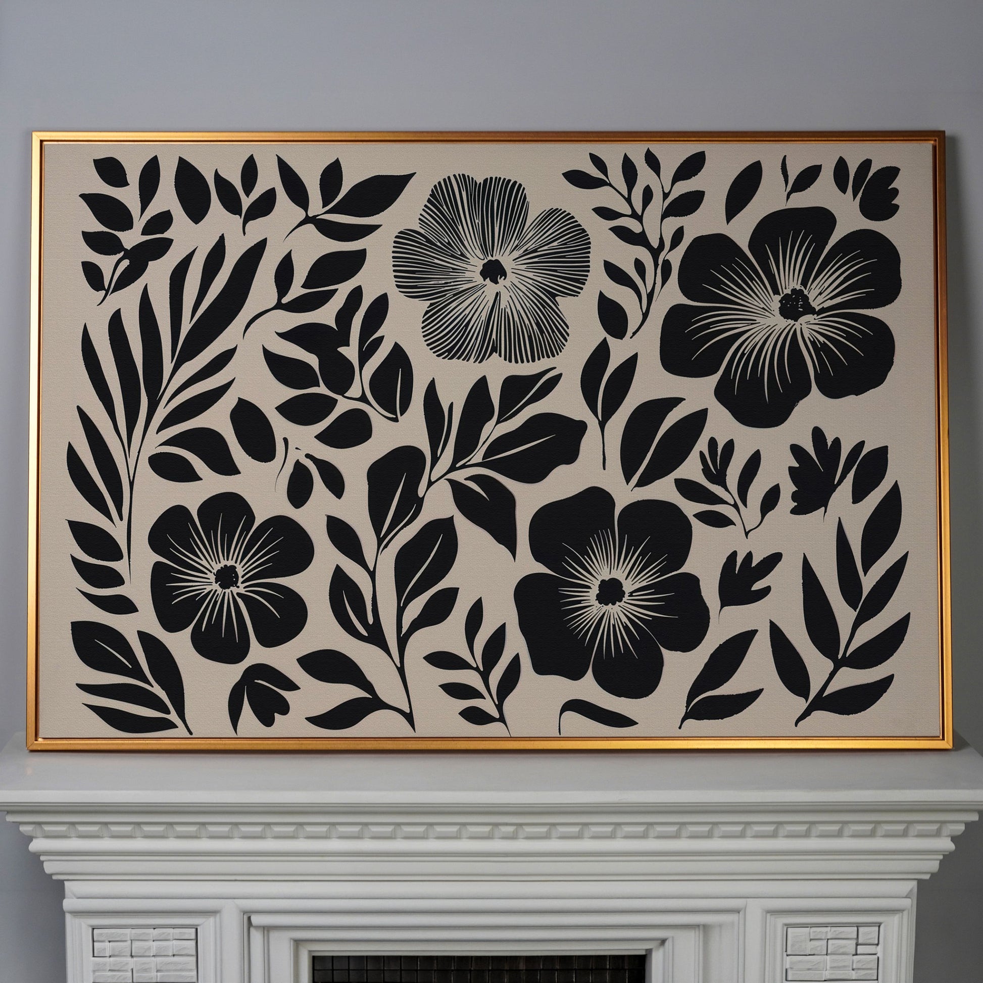 Black and White Floral Canvas Art, Botanical Still Life Print in antique gold floating frame
