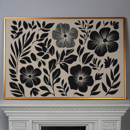 Black and White Floral Canvas Art, Botanical Still Life Print in antique gold floating frame
