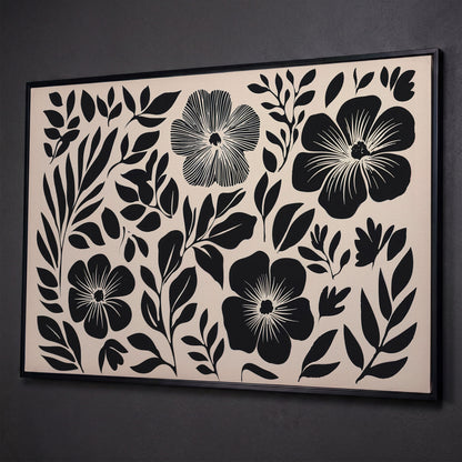 Black and White Floral Canvas Art, Botanical Still Life Print shown in black floating frame