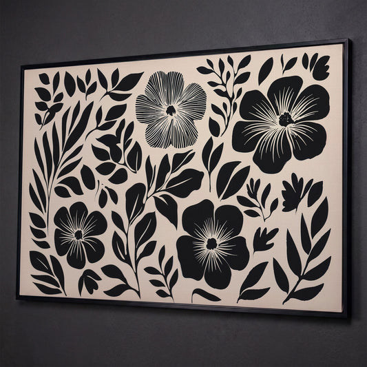 Black and White Floral Canvas Art, Botanical Still Life Print shown in black floating frame