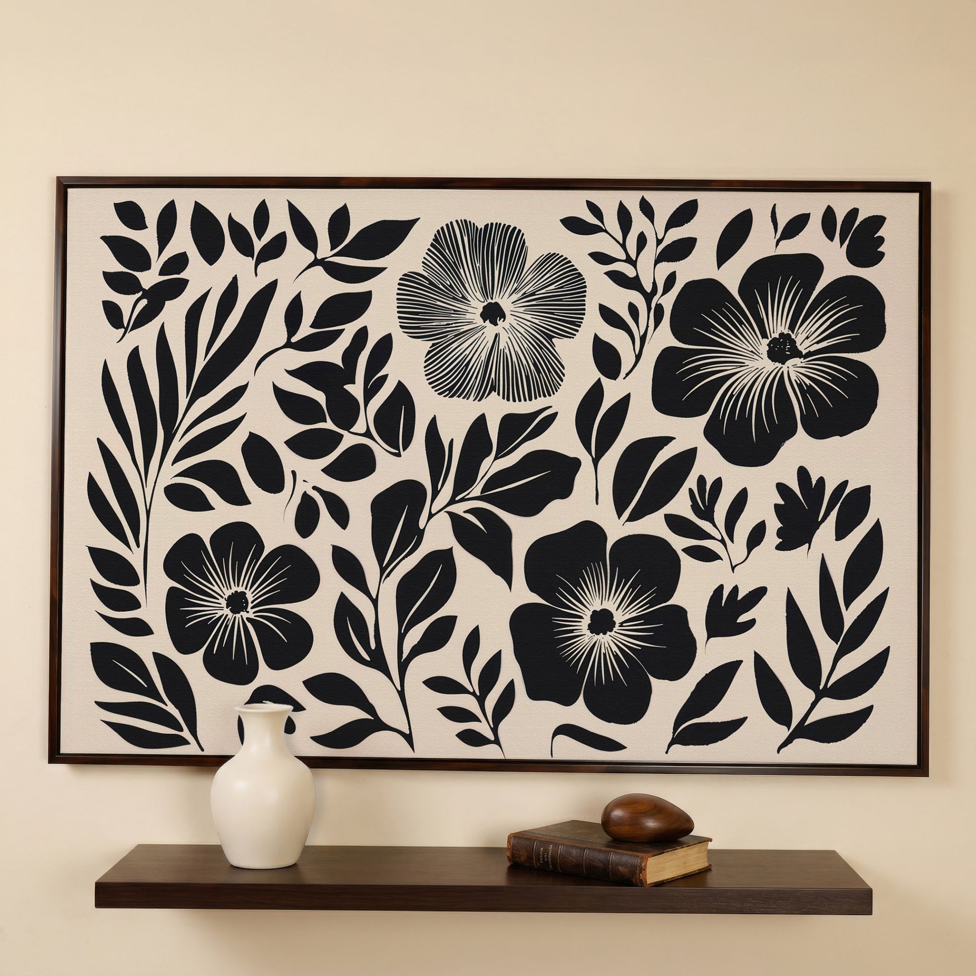 Black and White Floral Canvas Art, Botanical Still Life Print in dark walnut floating frame