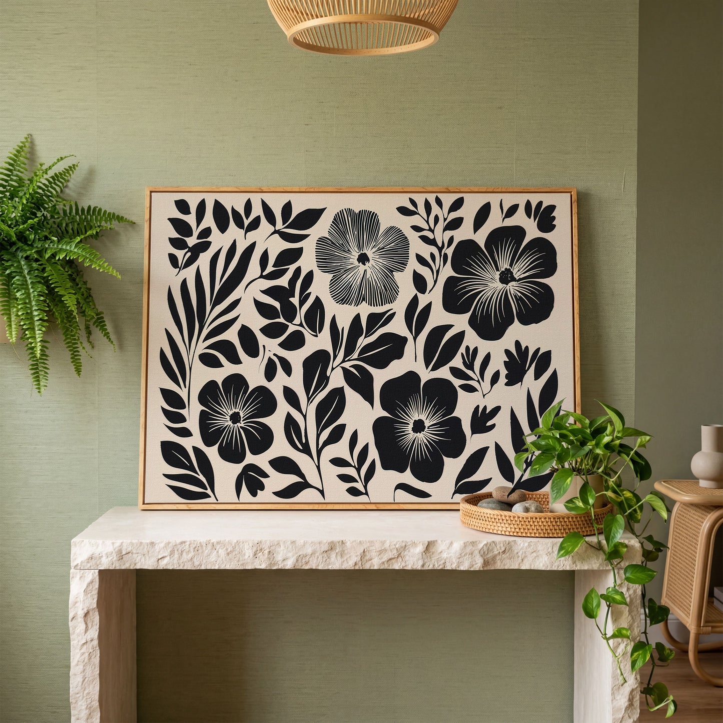 Black and White Floral Canvas Art, Botanical Still Life Print in white oak floating frame