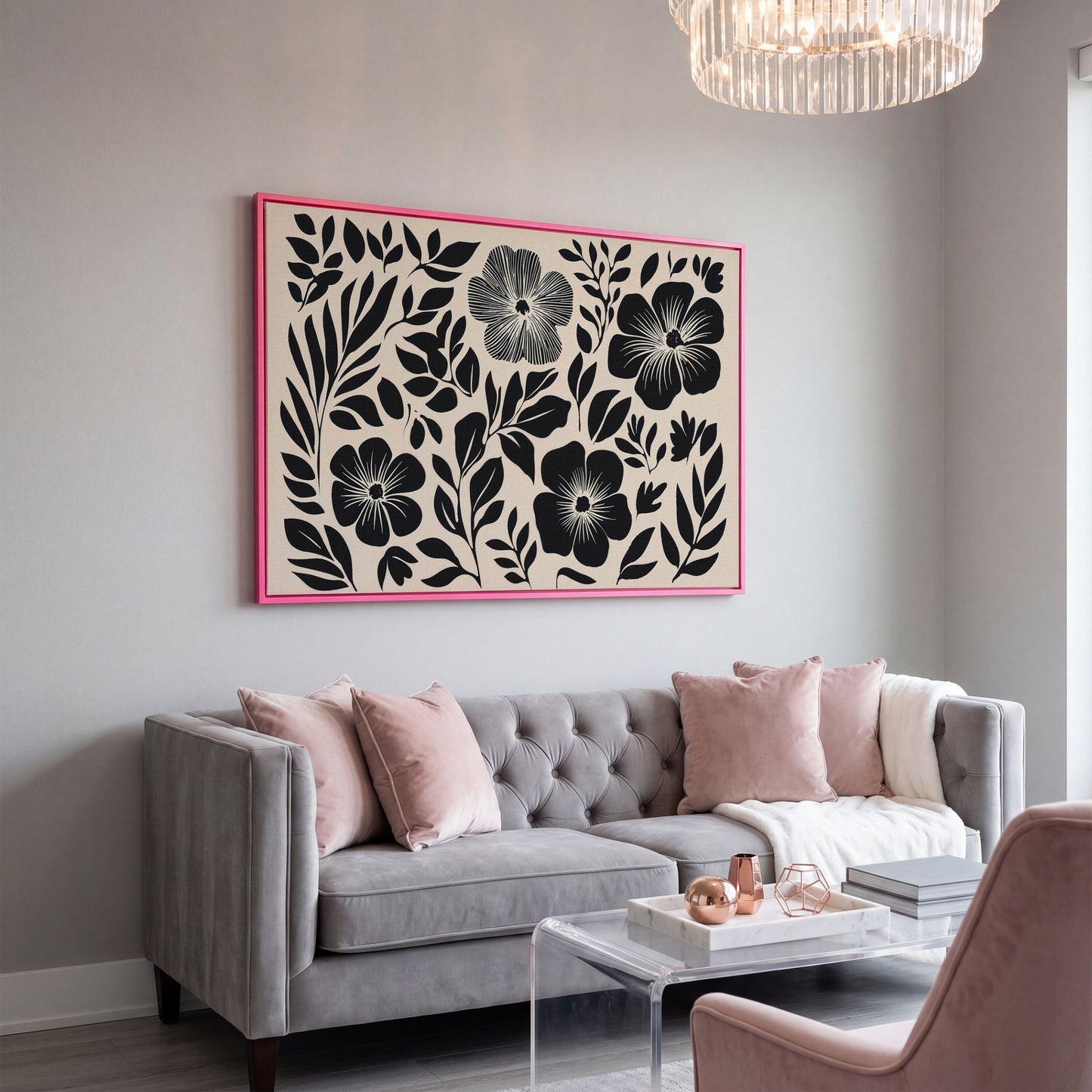 Black and White Floral Canvas Art, Botanical Still Life Print in pink floating frame