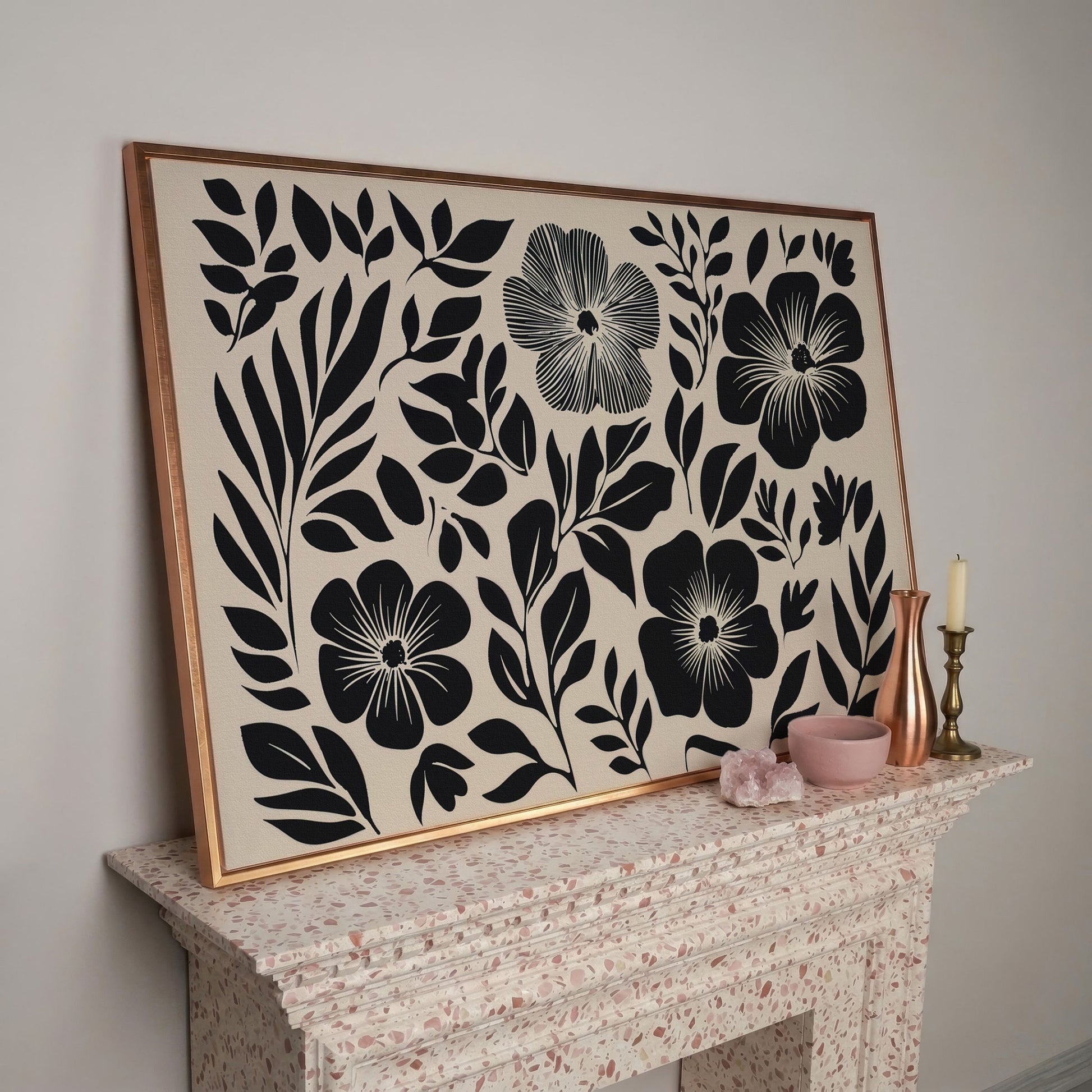 Black and White Floral Canvas Art, Botanical Still Life Print in rose gold floating frame