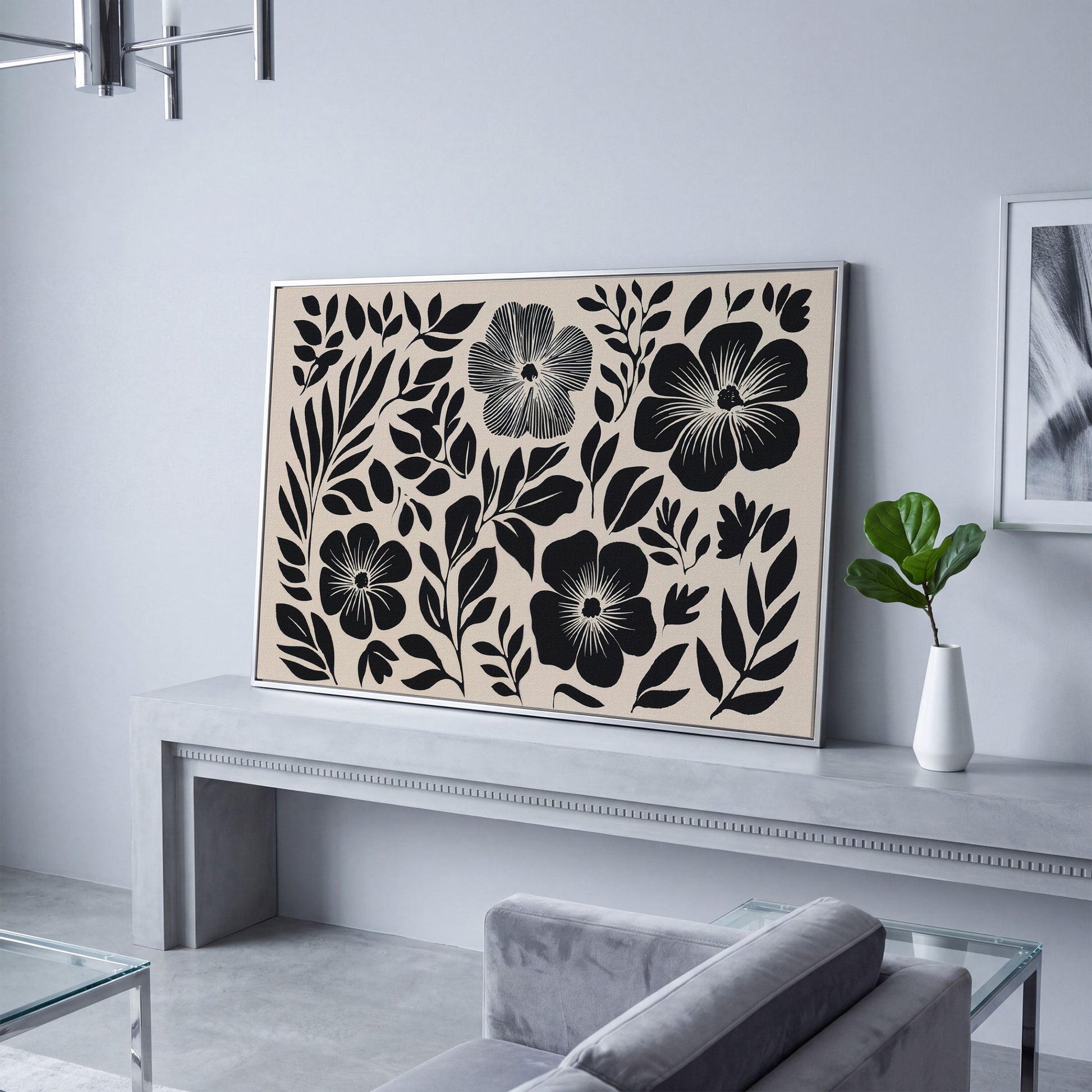 Black and White Floral Canvas Art, Botanical Still Life Print in silver floating frame