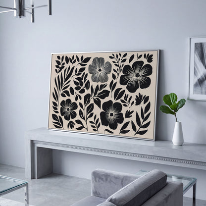 Black and White Floral Canvas Art, Botanical Still Life Print in silver floating frame