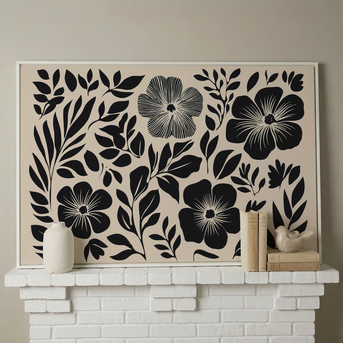 Black and White Floral Canvas Art, Botanical Still Life Print in white floating frame