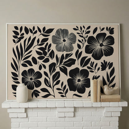 Black and White Floral Canvas Art, Botanical Still Life Print in white floating frame