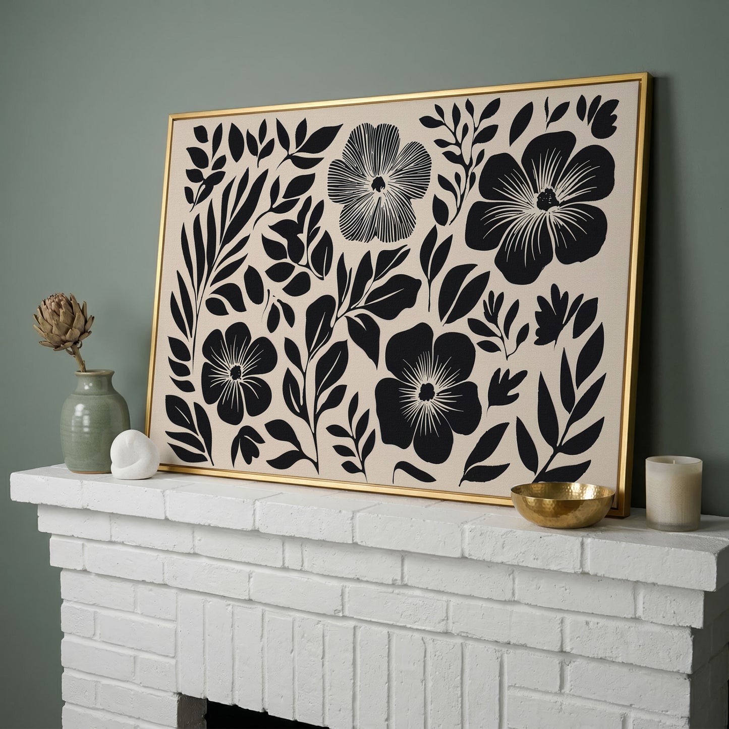 Black and White Floral Canvas Art, Botanical Still Life Print in yellow gold floating frame