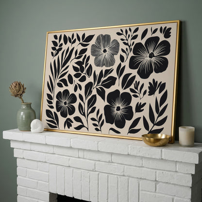 Black and White Floral Canvas Art, Botanical Still Life Print in yellow gold floating frame