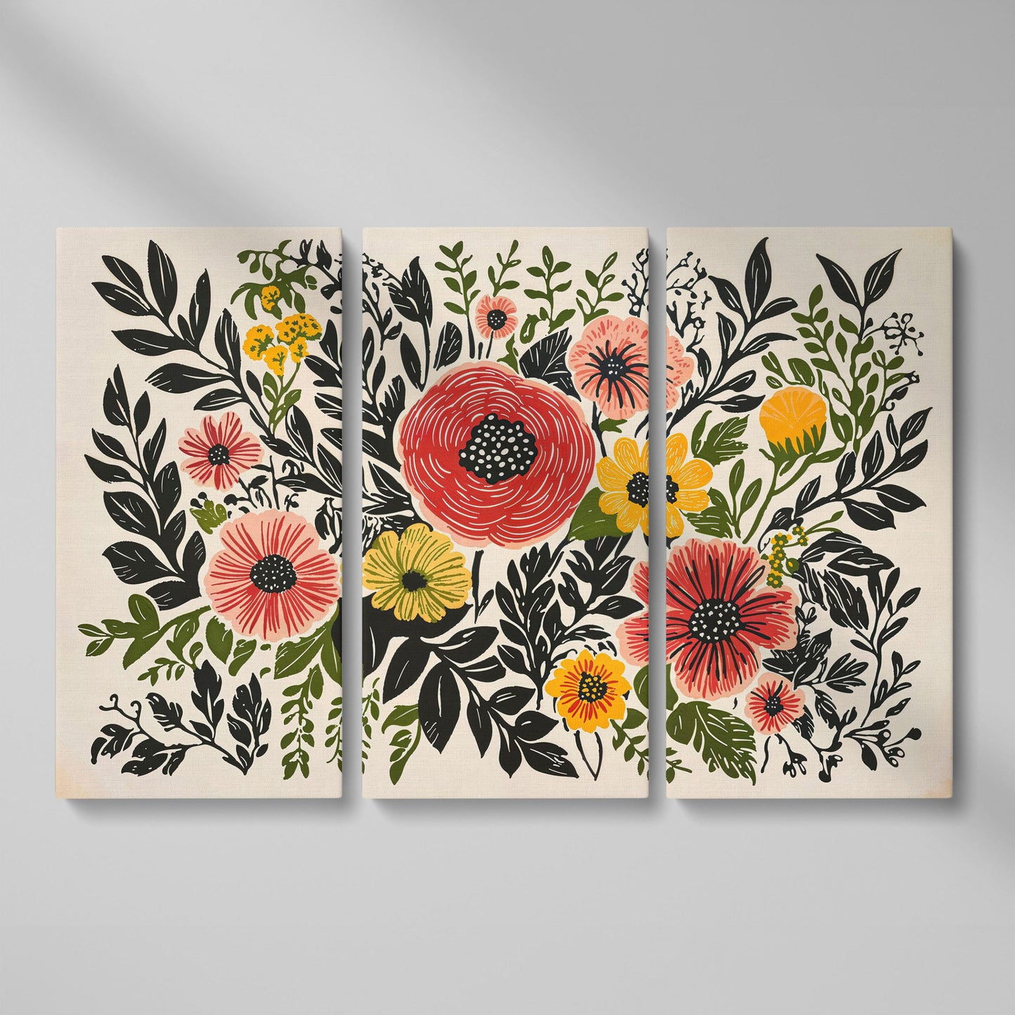 Extra-Large Abstract Floral Canvas for Spring Decor as 3-panel split version