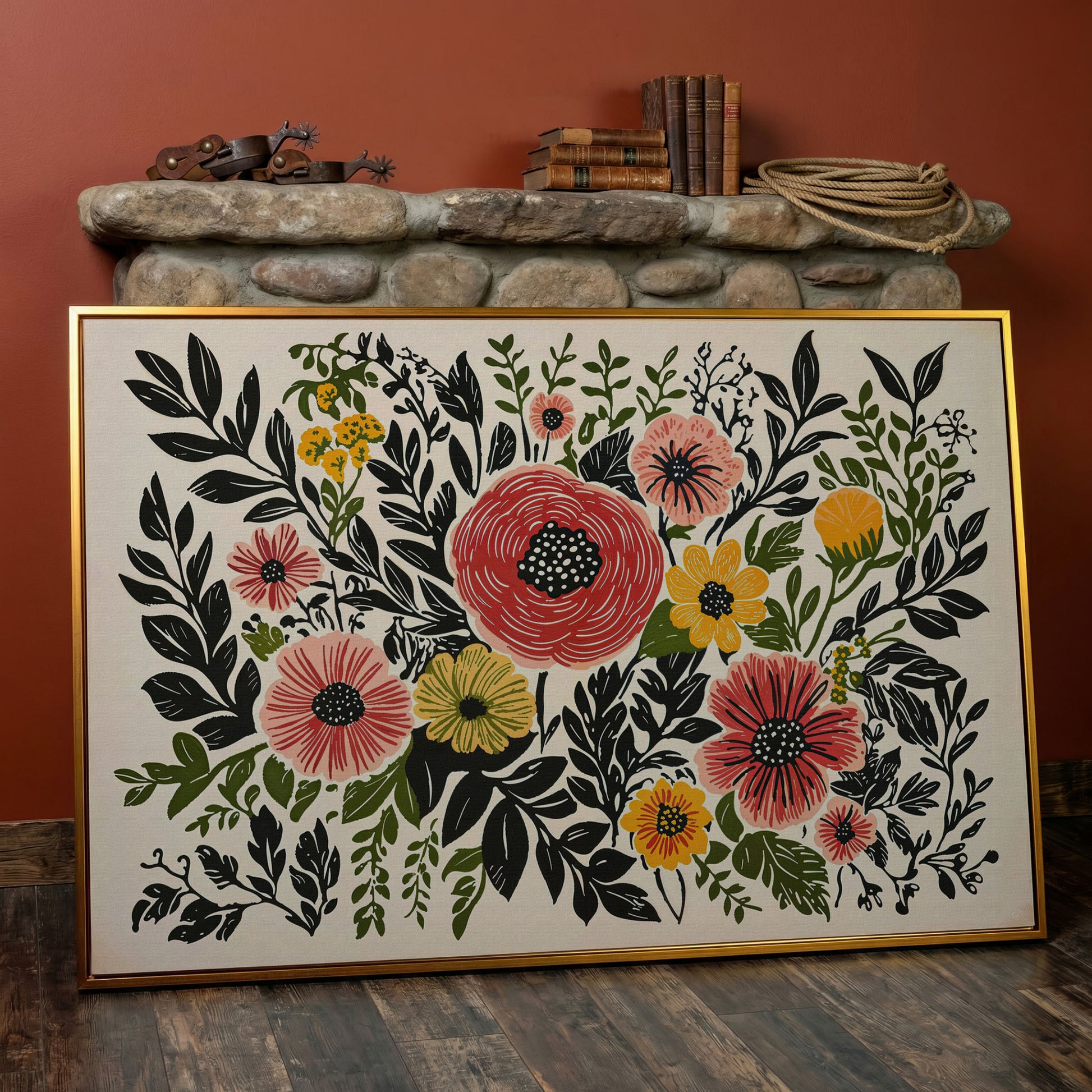 Extra-Large Abstract Floral Canvas for Spring Decor in antique gold floating frame