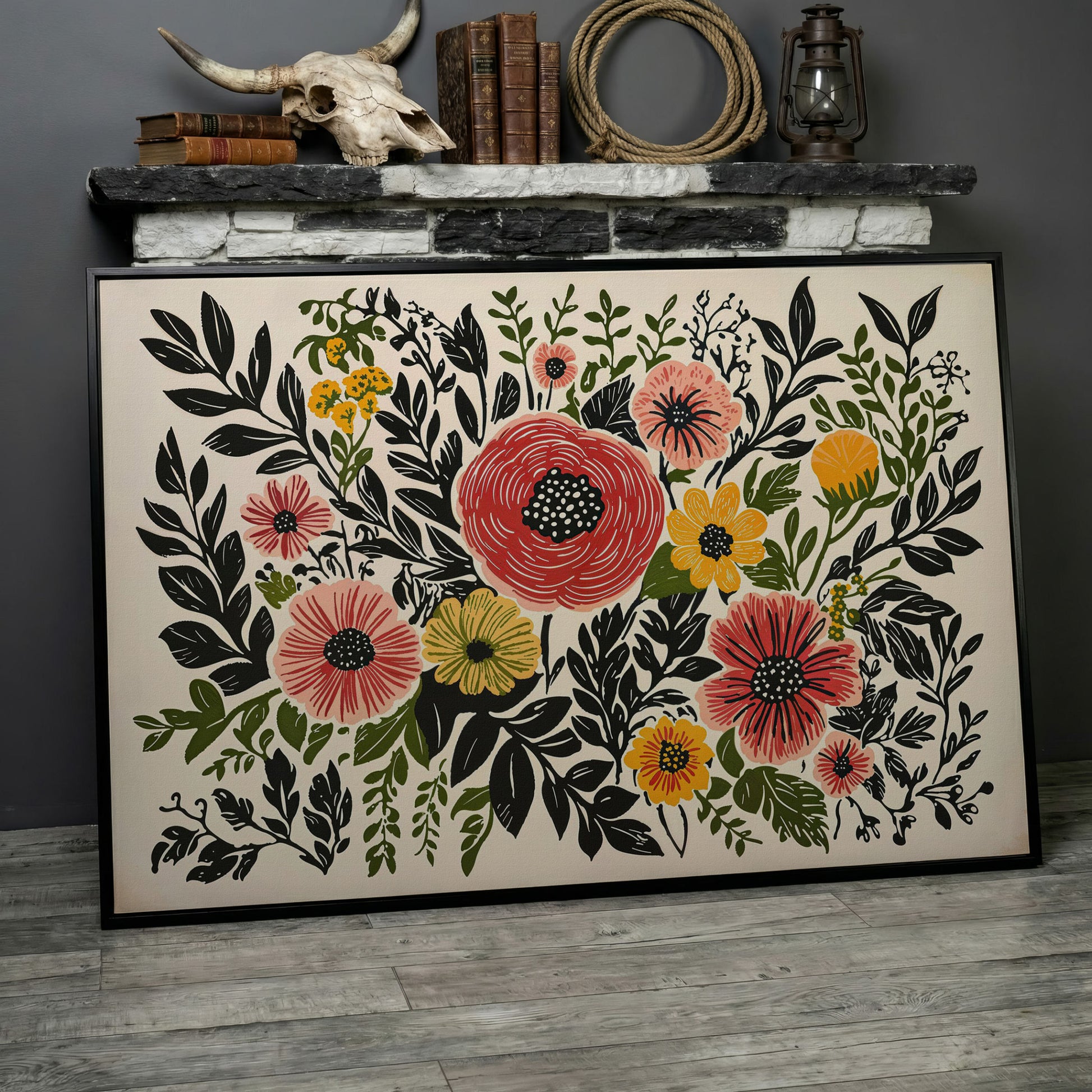 Extra-Large Abstract Floral Canvas for Spring Decor in black floating frame