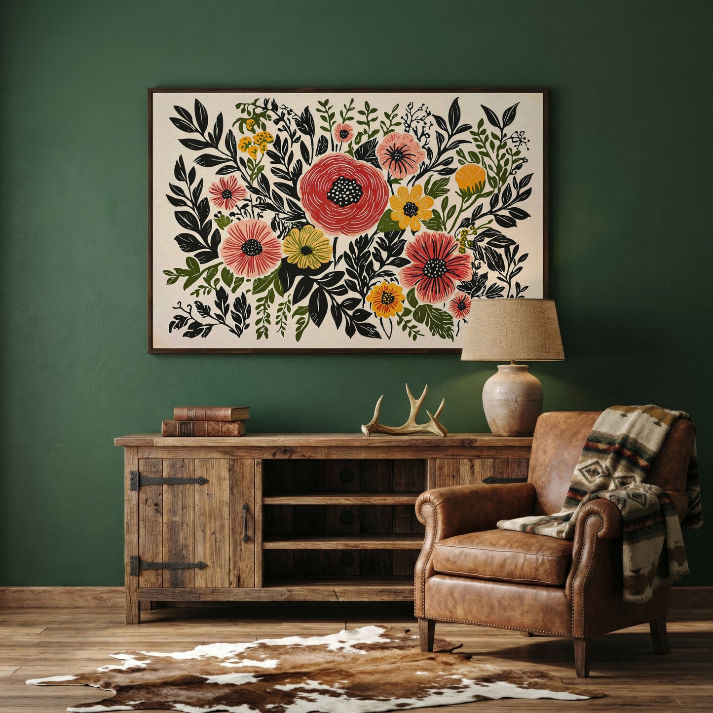 Extra-Large Abstract Floral Canvas for Spring Decor in dark walnut floating frame