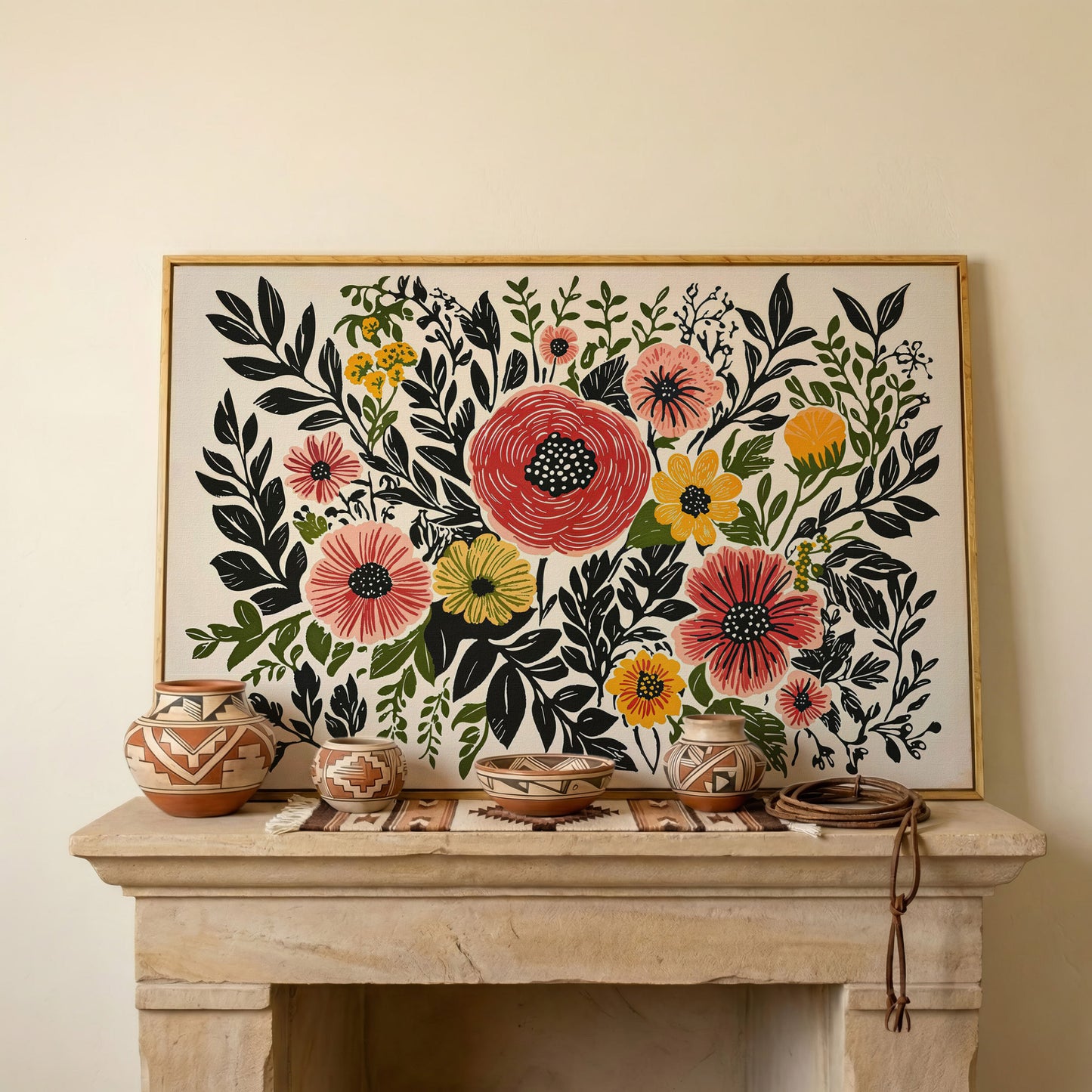 Extra-Large Abstract Floral Canvas for Spring Decor in white oak floating frame