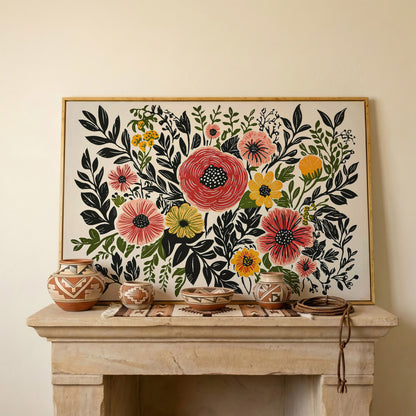 Extra-Large Abstract Floral Canvas for Spring Decor in white oak floating frame