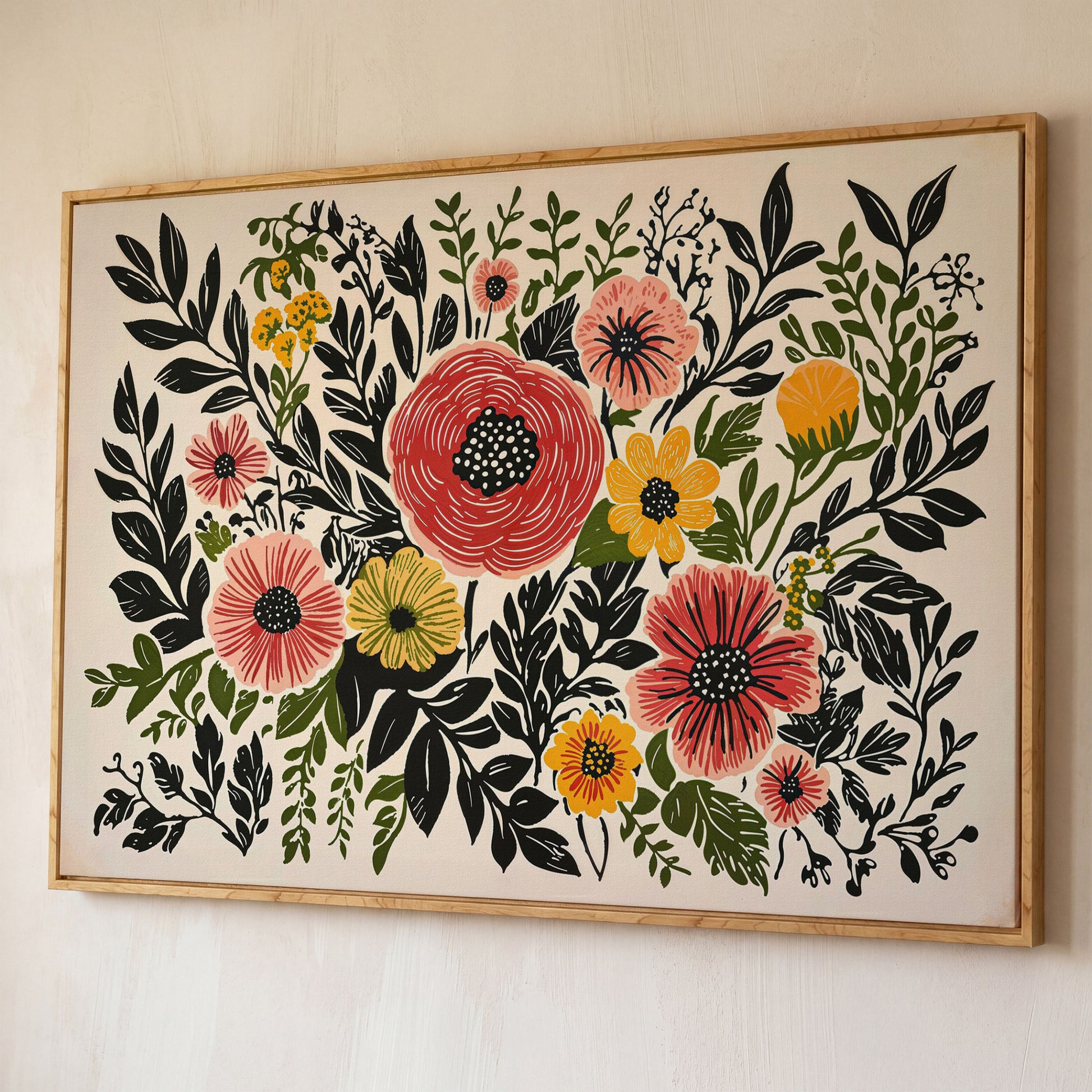 Extra-Large Abstract Floral Canvas for Spring Decor shown in white oak floating frame