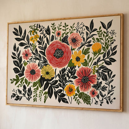 Extra-Large Abstract Floral Canvas for Spring Decor shown in white oak floating frame