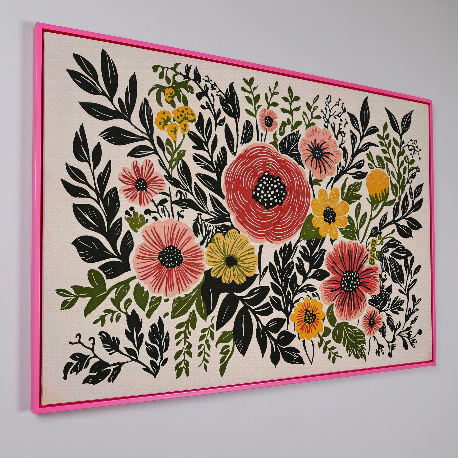 Extra-Large Abstract Floral Canvas for Spring Decor in pink floating frame